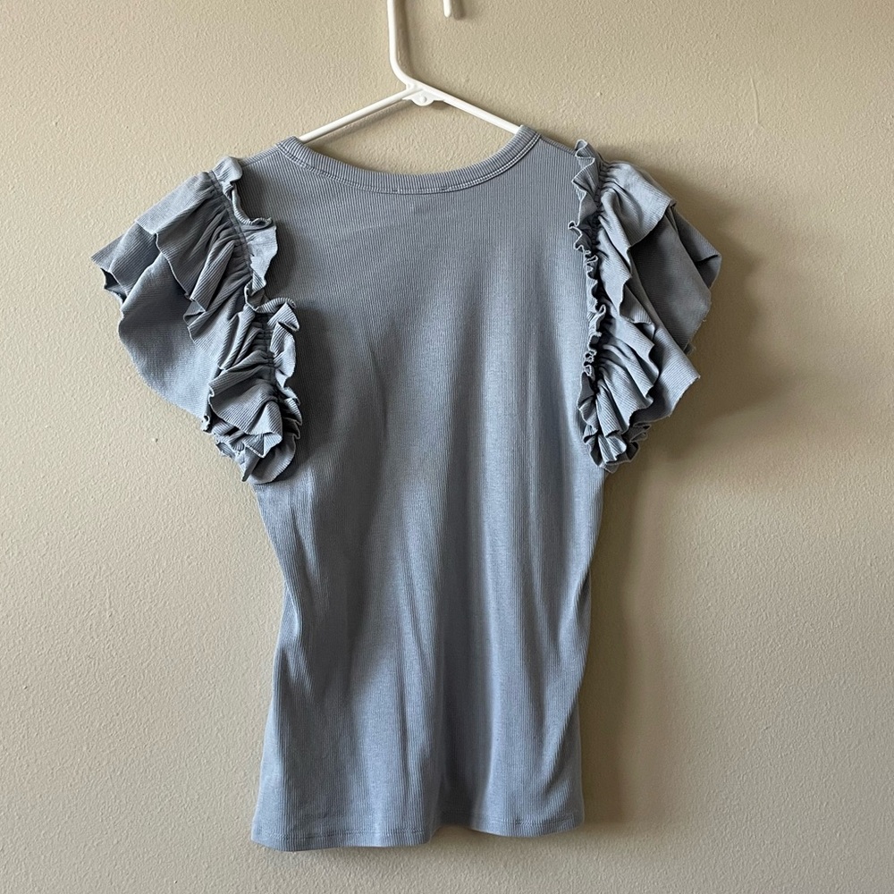 Express Statement Ruffle Sleeve Shirt Medium Light Blue - Picture 2 of 5